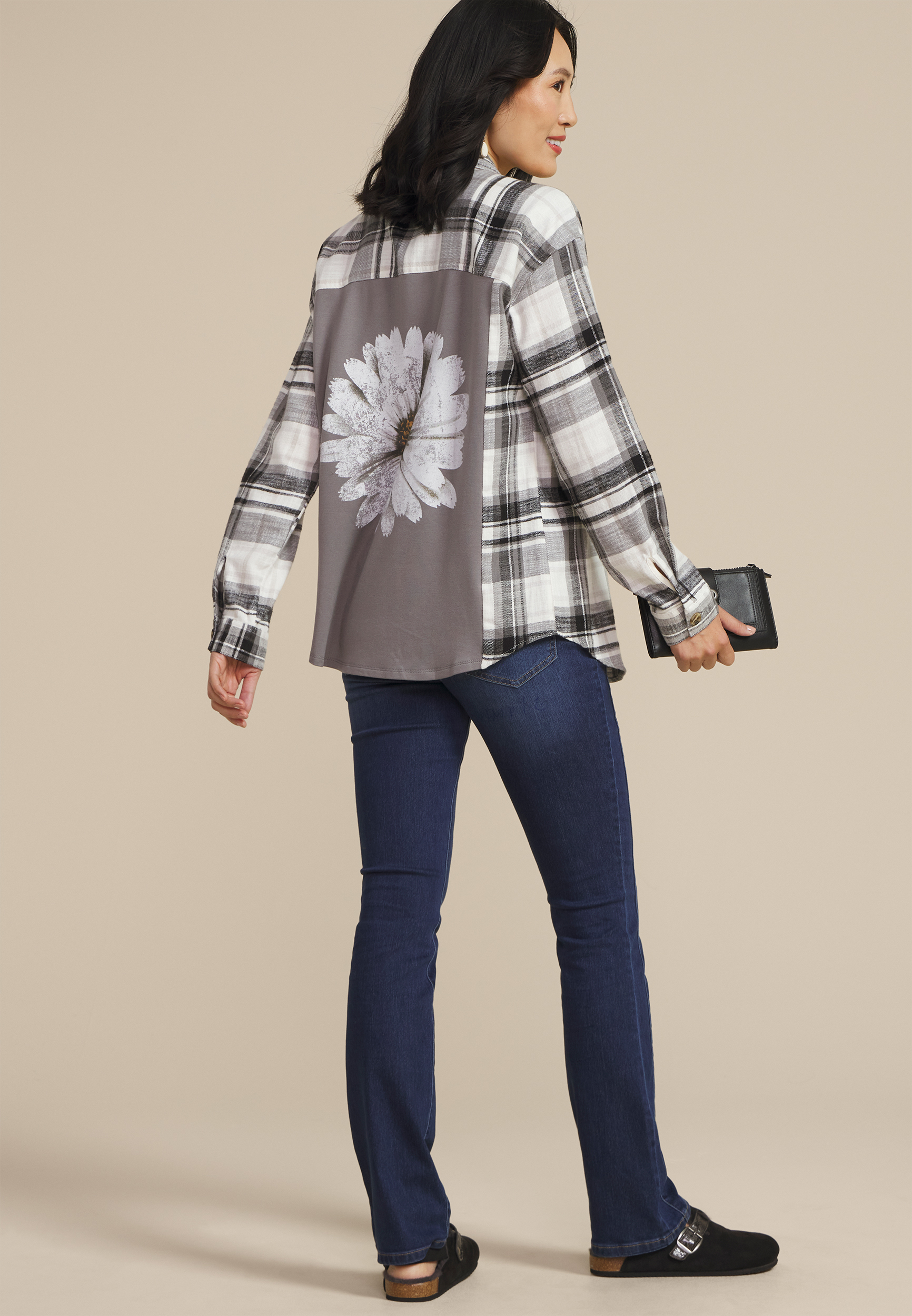 Cabin Plaid Graphic Back Floral Button Down Shirt, C9769, large