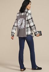Cabin Plaid Graphic Back Floral Button Down Shirt, C9769, small