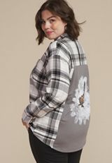 Plus Size Cabin Plaid Graphic Back Floral Button Down Shirt, ROCKSTAR GREY COMBO, small