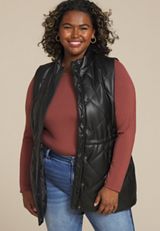 Plus Size Faux Leather Quilted Vest, , small