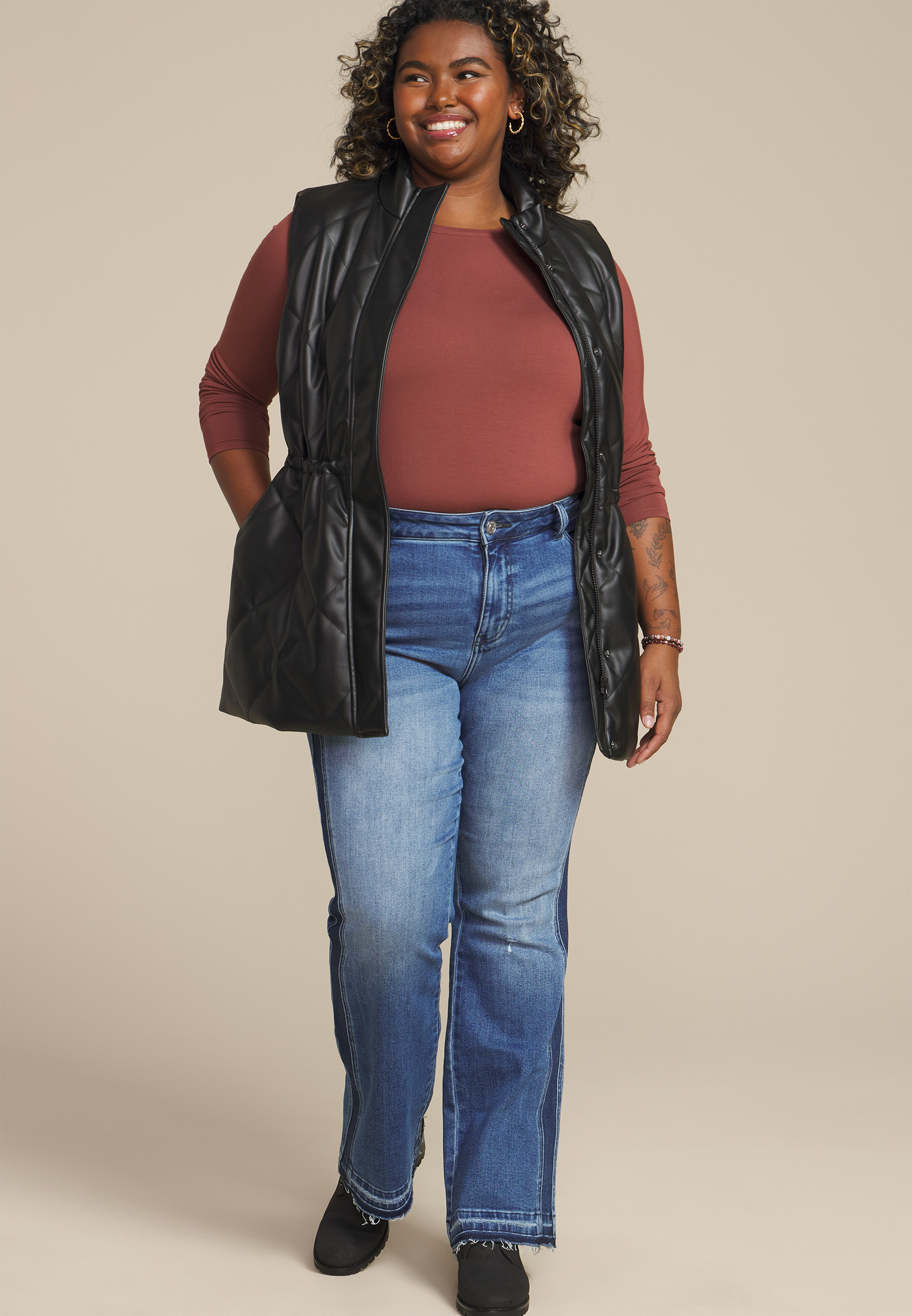 Plus Size Faux Leather Quilted Vest, , large