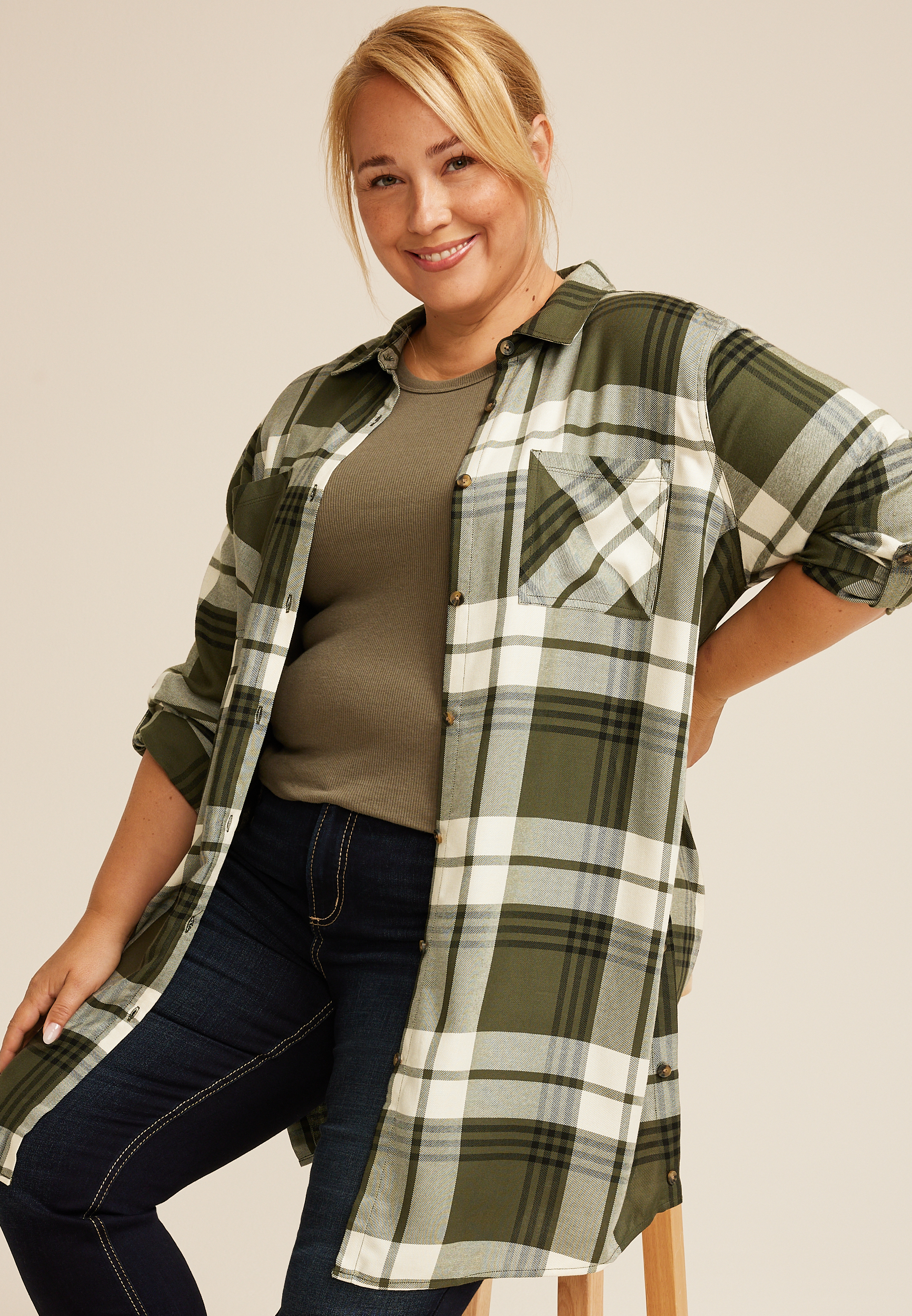 Plus Size Olive Plaid Button Down Duster Shirt