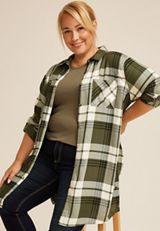 Plus Size Olive Plaid Button Down Duster Shirt, OLIVE COMBO, small