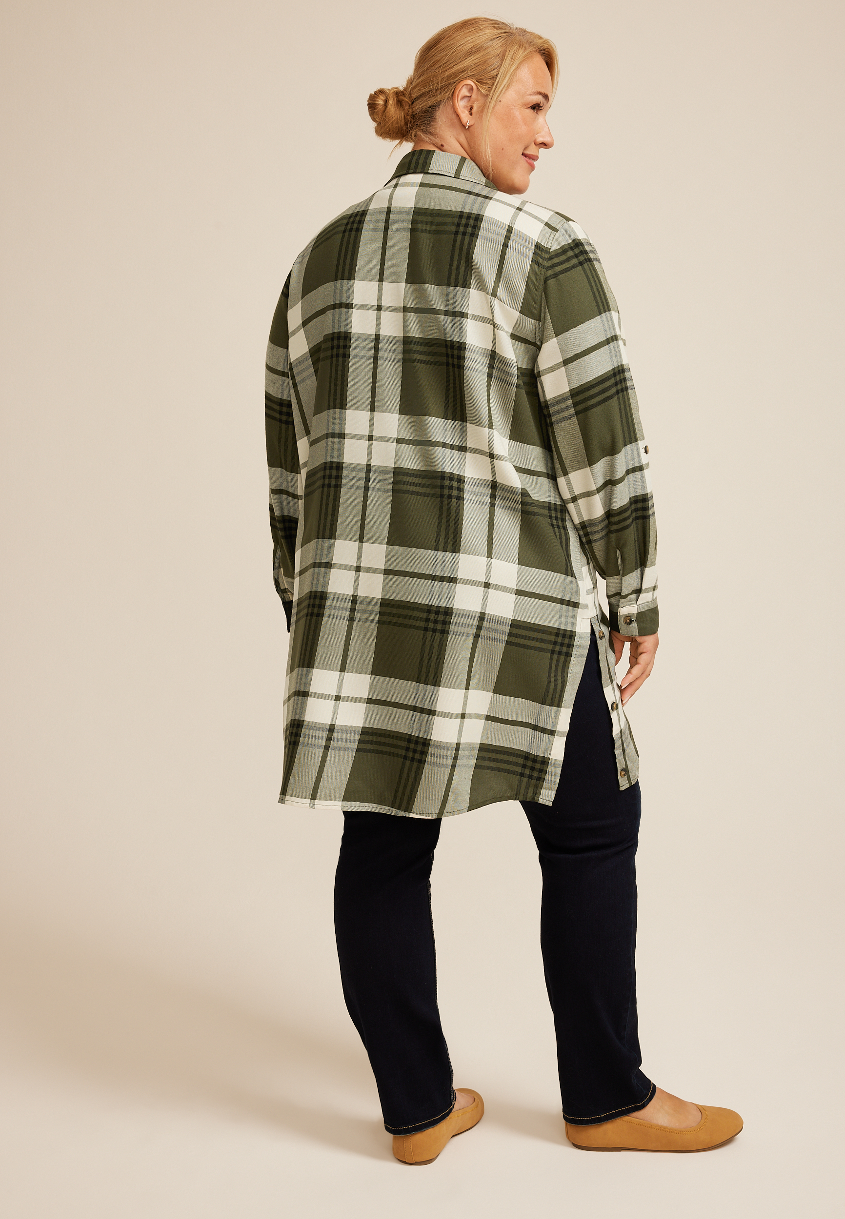 Plus Size Olive Plaid Button Down Duster Shirt, OLIVE COMBO, large