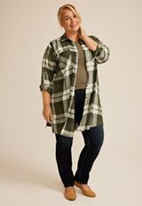 Plus Size Olive Plaid Button Down Duster Shirt, OLIVE COMBO, small