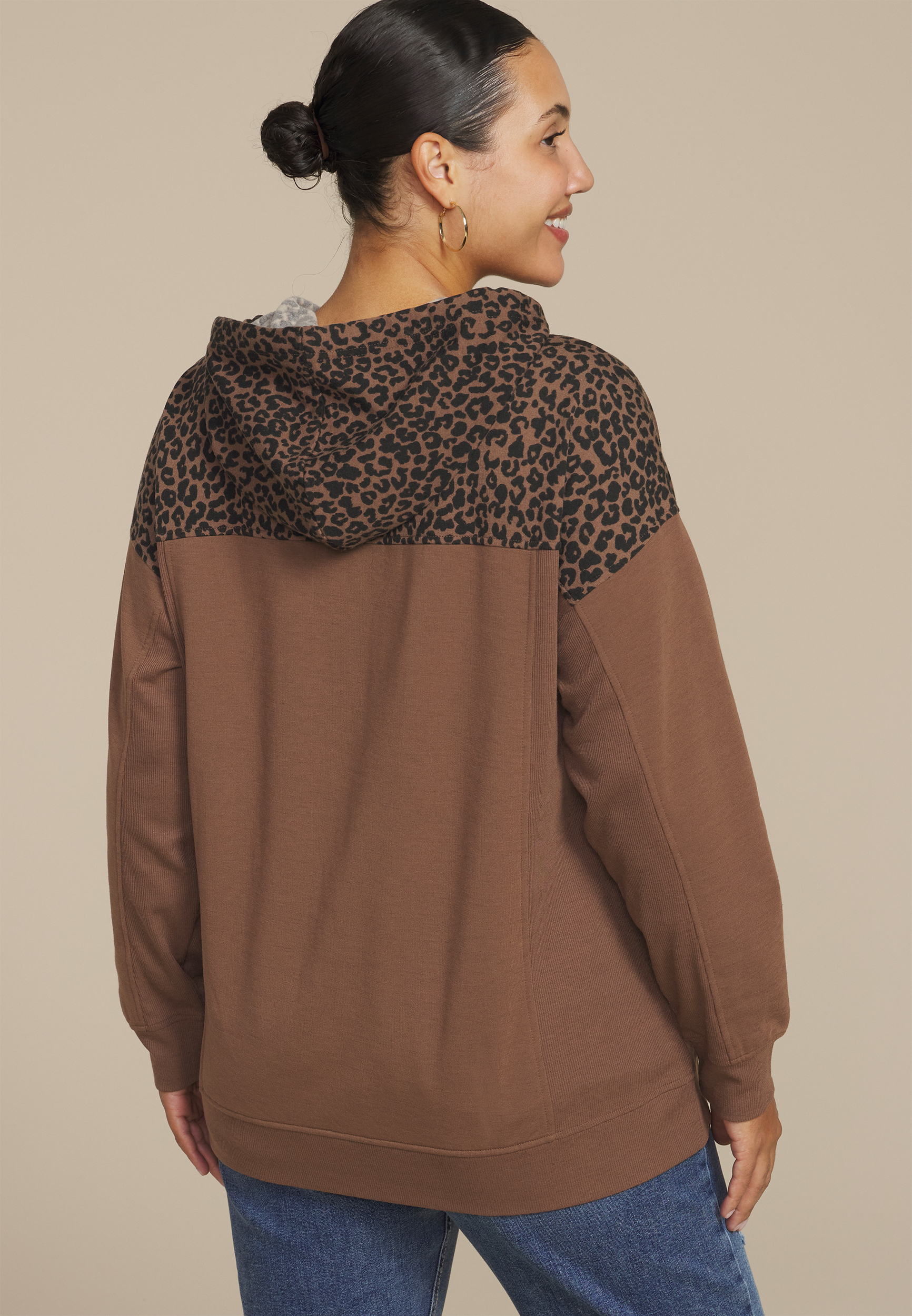 Plus Size Homeward Leopard Print Hoodie, COCOA BROWN, large