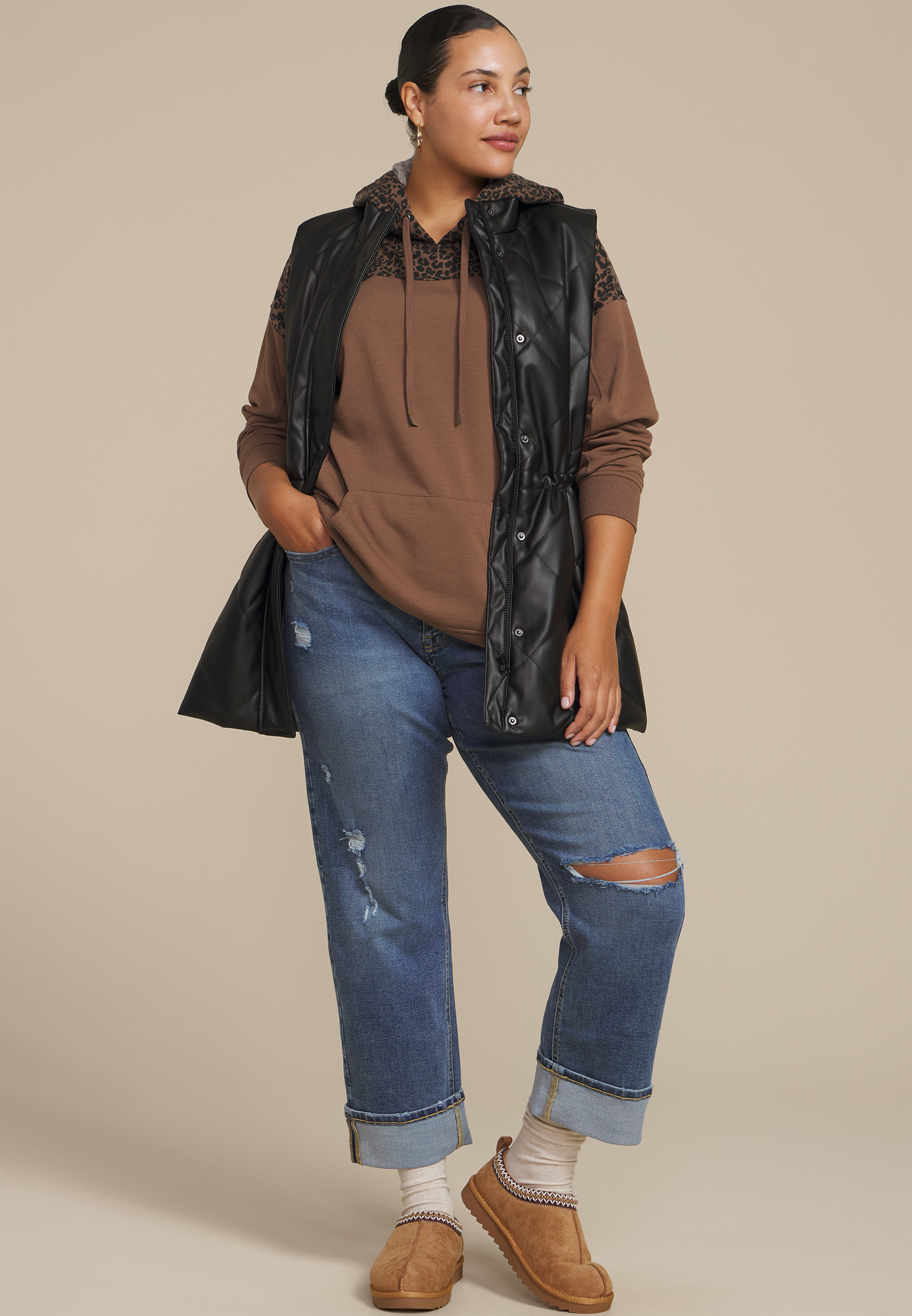 Plus Size Homeward Leopard Print Hoodie, COCOA BROWN, large