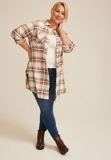 Plus Size Plaid Button Down Duster Shirt, C5330, small