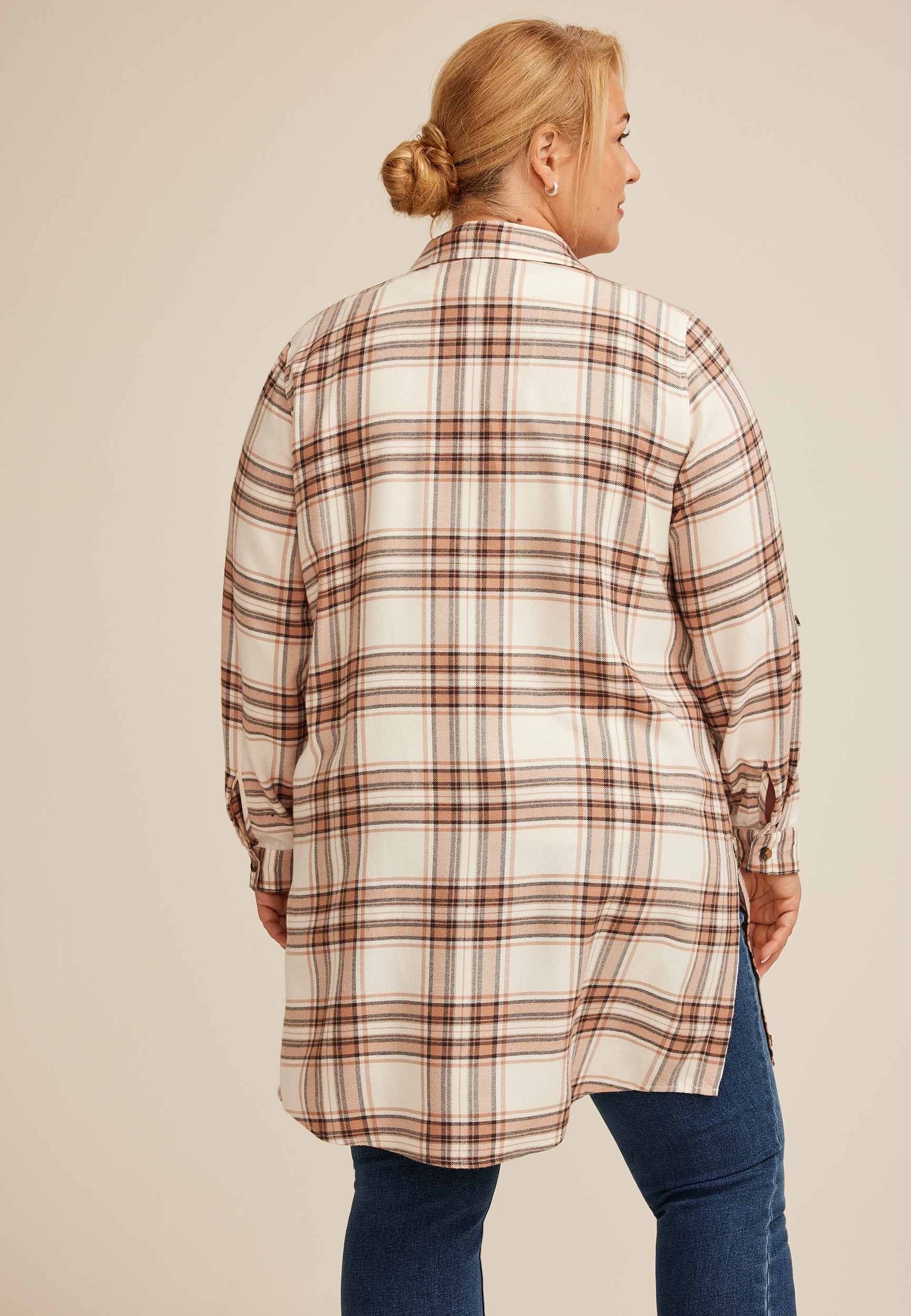 Plus Size Plaid Button Down Duster Shirt, C5330, large