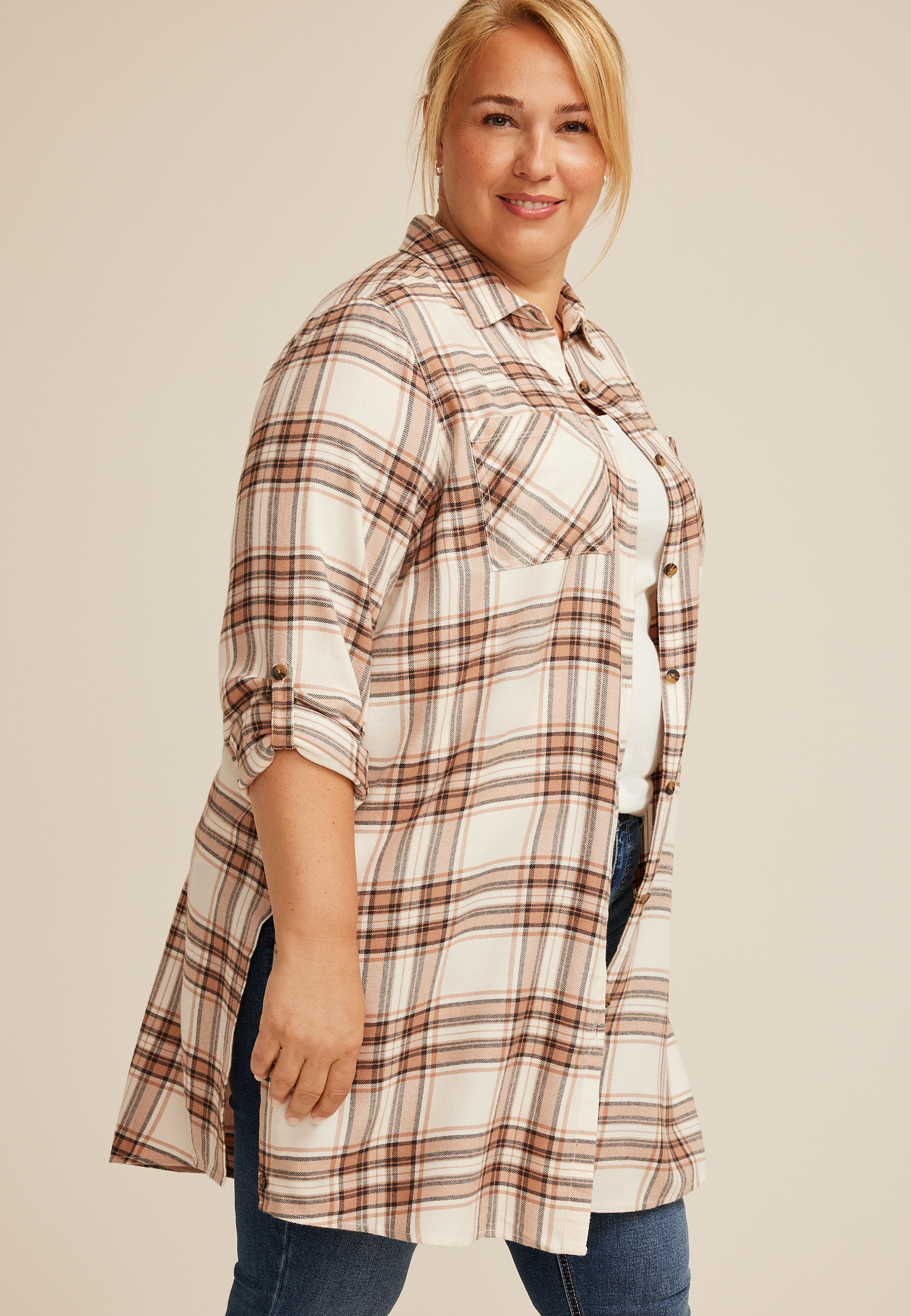 Plus Size Plaid Button Down Duster Shirt, C5330, large