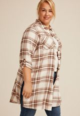 Plus Size Plaid Button Down Duster Shirt, C5330, small