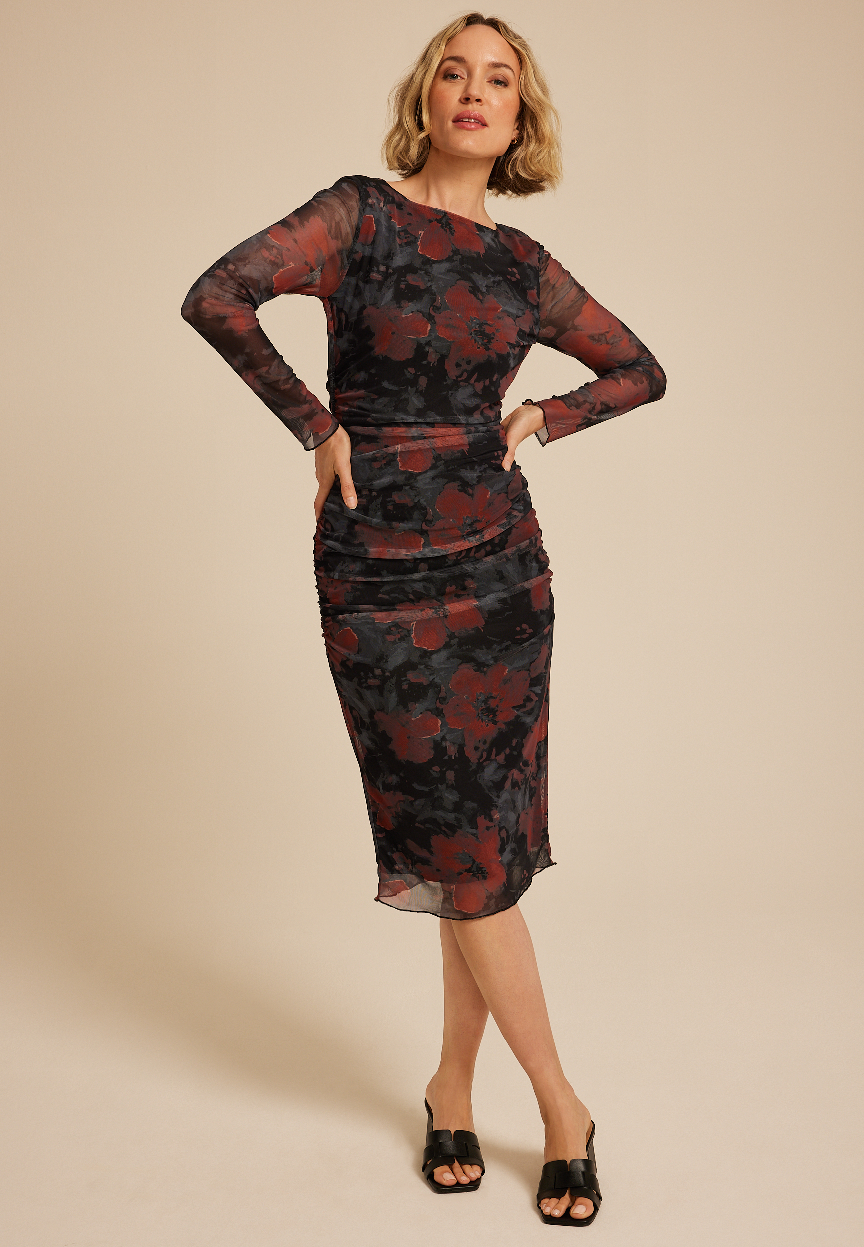 Mesh Floral Long Sleeve Midi Dress