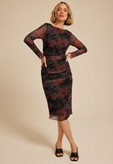 Mesh Floral Long Sleeve Midi Dress, BLACK COMBO, small
