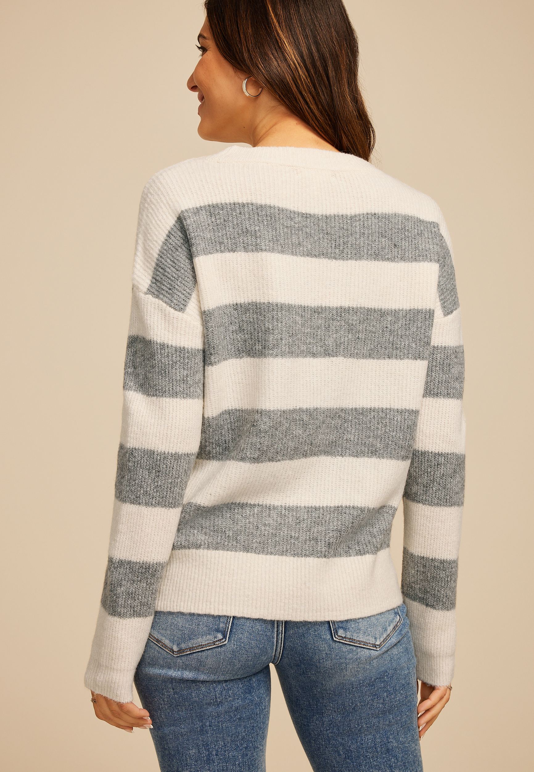 Stripe Knit Sweater, HEATHER GRAY COMBO, large