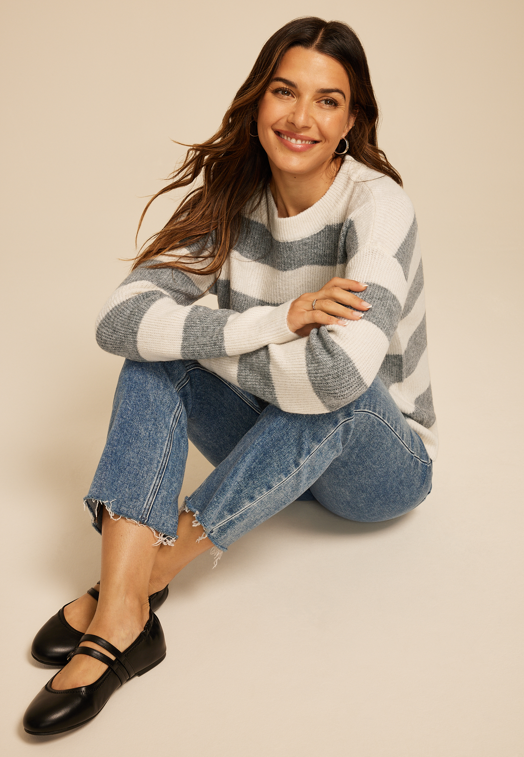 Stripe Knit Sweater, HEATHER GRAY COMBO, large
