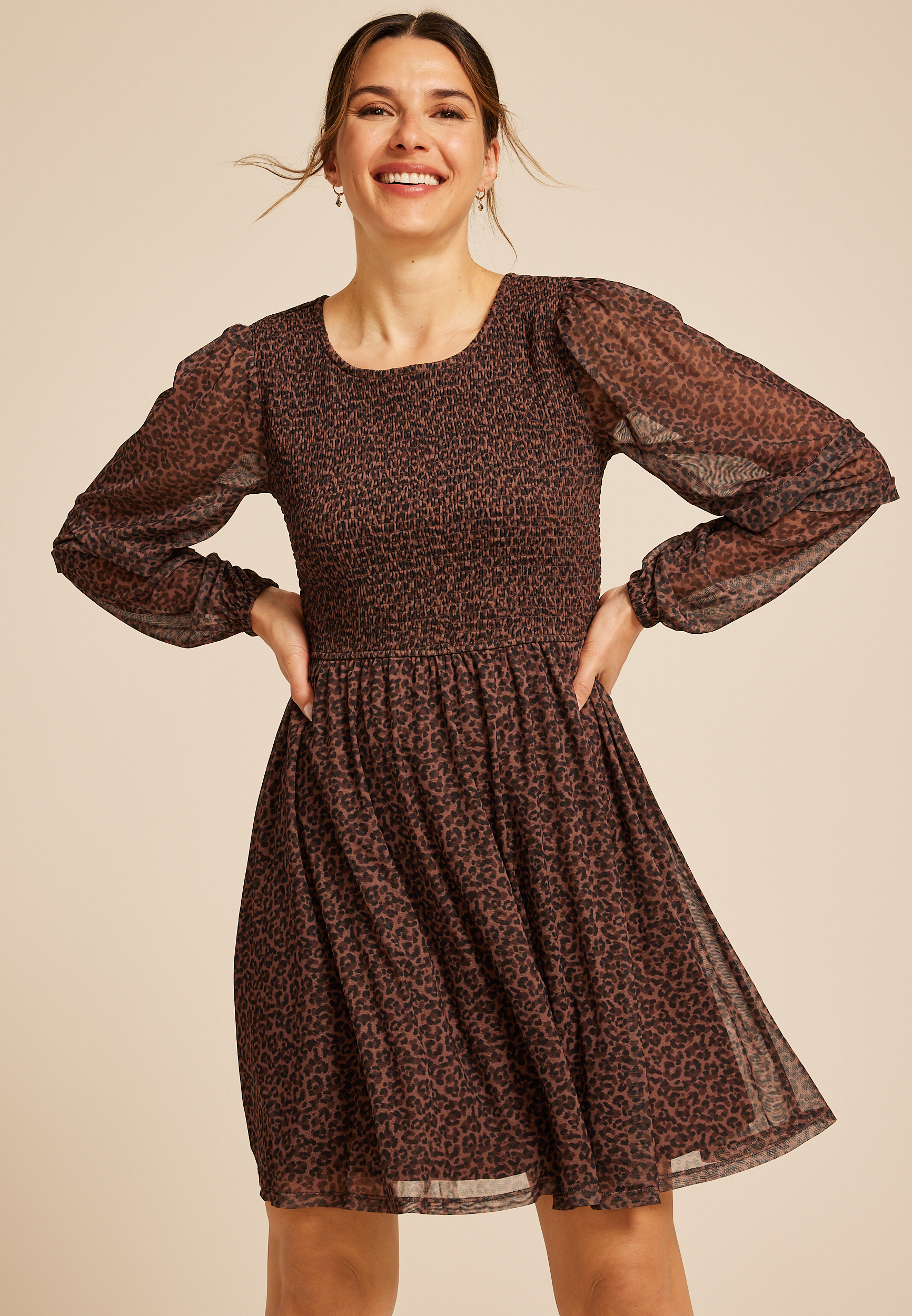 Leopard Print Mesh Smocked Mini Dress