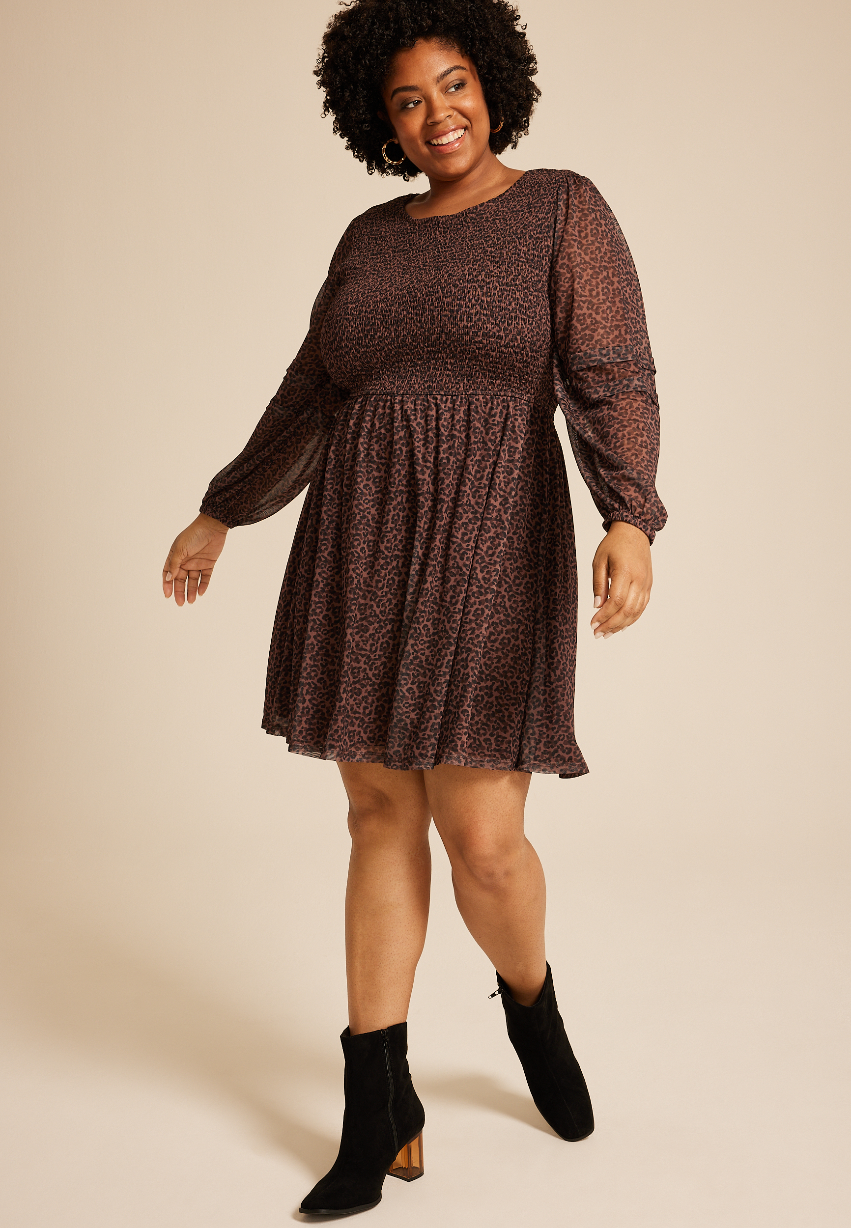 Plus Size Leopard Print Mesh Smocked Mini Dress