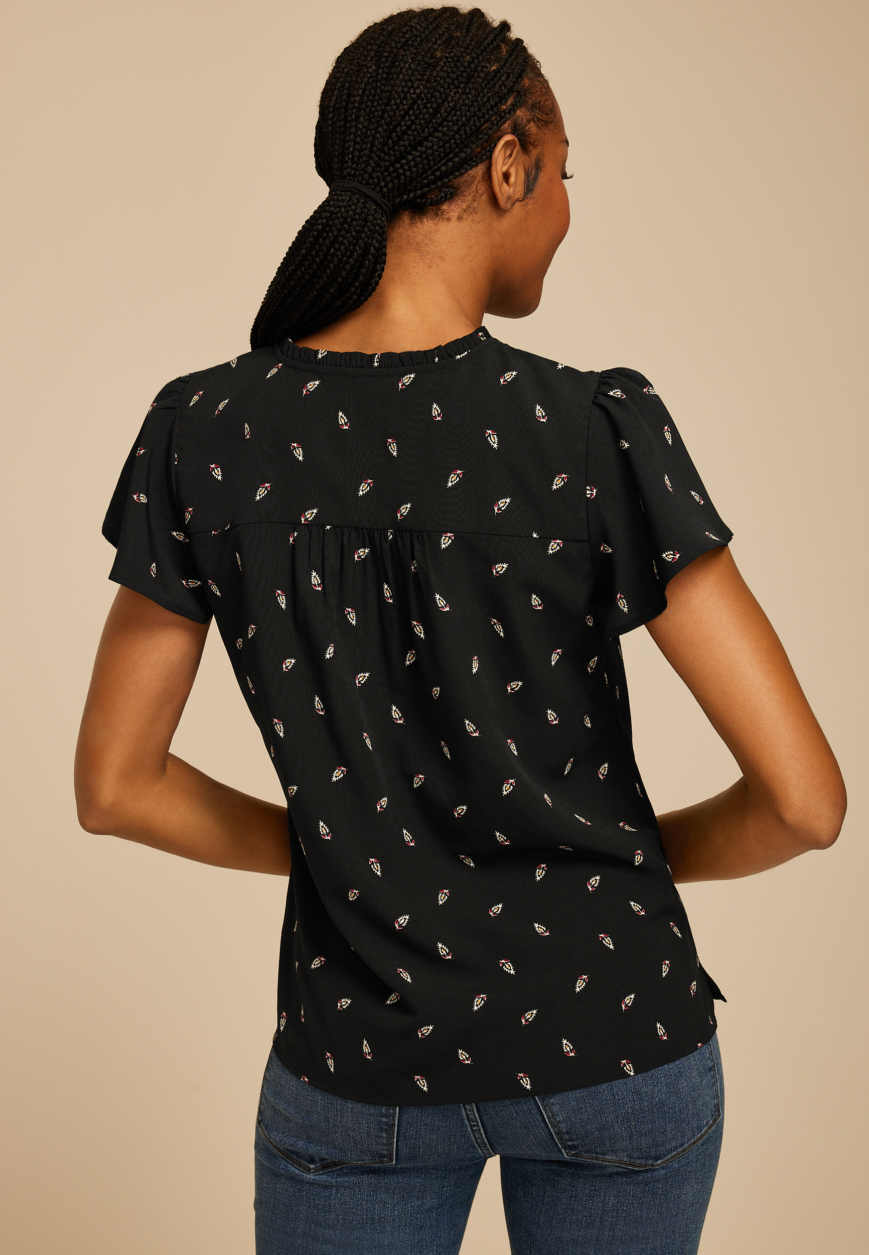 Atwood Printed Smocked Shoulder Flutter Sleeve Blouse, C1756, large