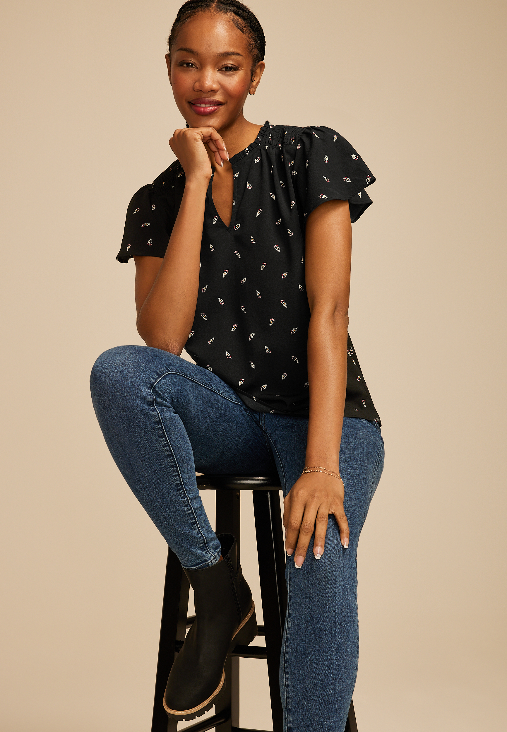 Atwood Printed Smocked Shoulder Flutter Sleeve Blouse, C1756, large