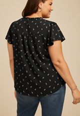 Plus Size Atwood Printed Smocked Shoulder Flutter Sleeve Blouse, BLACK COMBO, small
