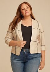 Plus Size Windowpane Plaid Versa Open Front Cropped Blazer, C1008, small