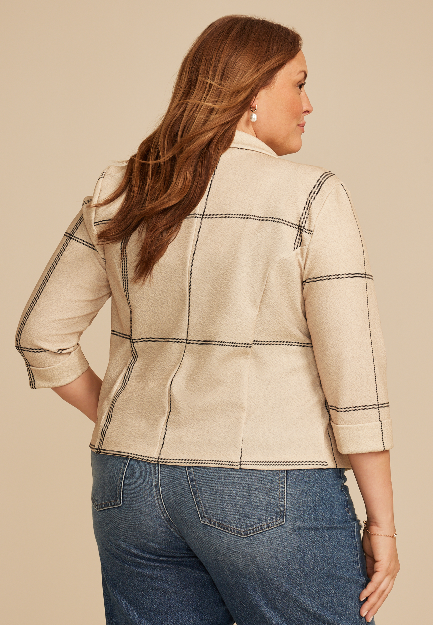 Plus Size Windowpane Plaid Versa Open Front Cropped Blazer, C1008, large