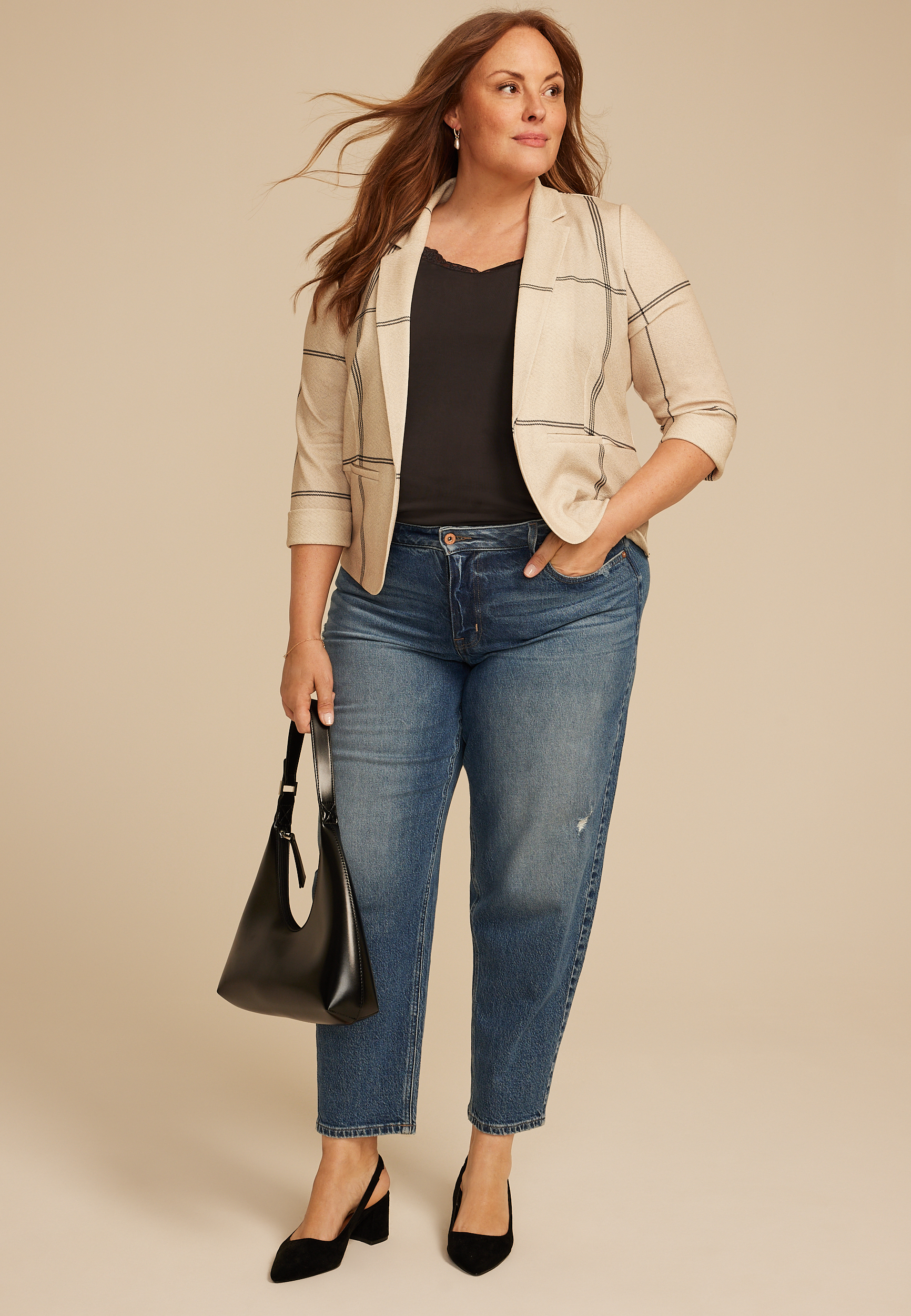Plus Size Windowpane Plaid Versa Open Front Cropped Blazer, C1008, large