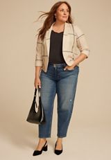 Plus Size Windowpane Plaid Versa Open Front Cropped Blazer, C1008, small