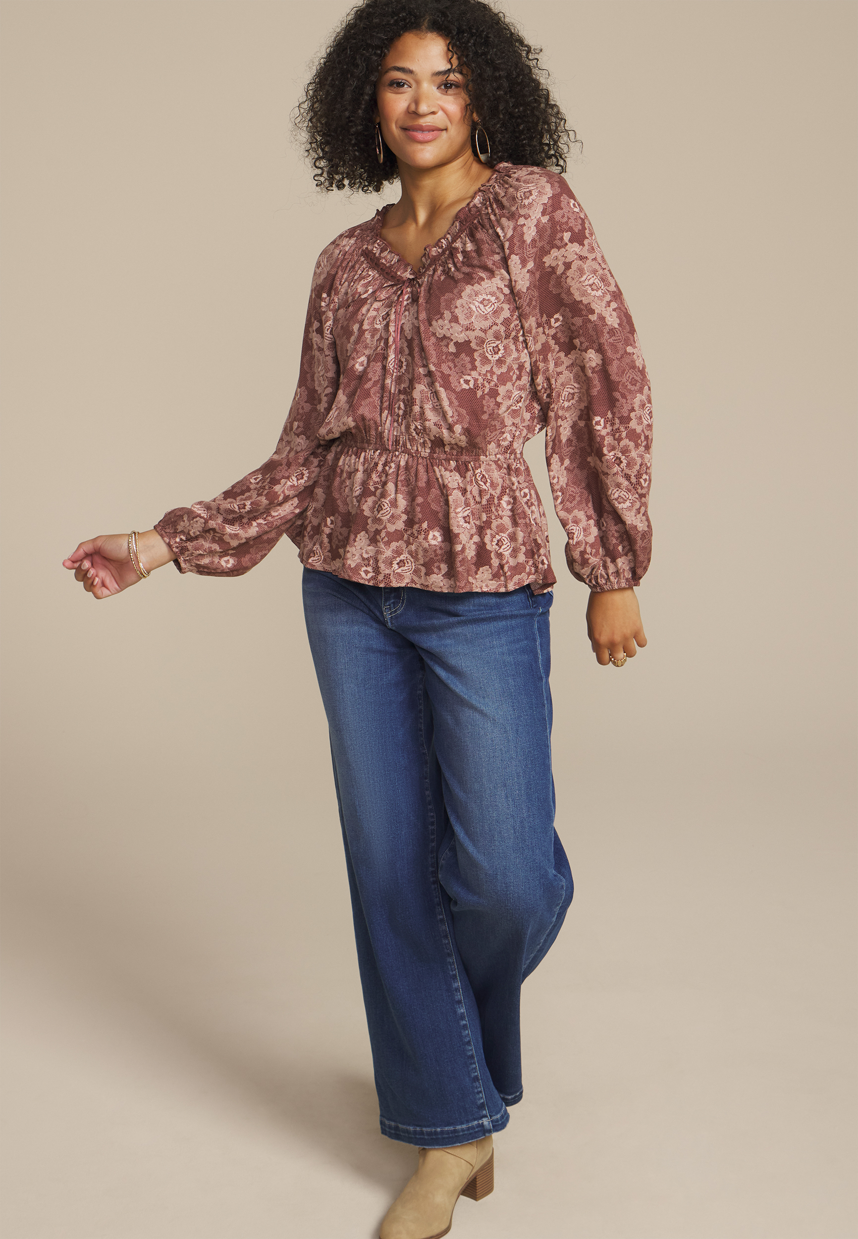 Floral Lace Print Peplum Top, C5232, large