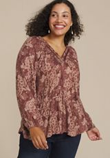 Plus Size Floral Lace Print Peplum Top, TAWNY PORT COMBO, small