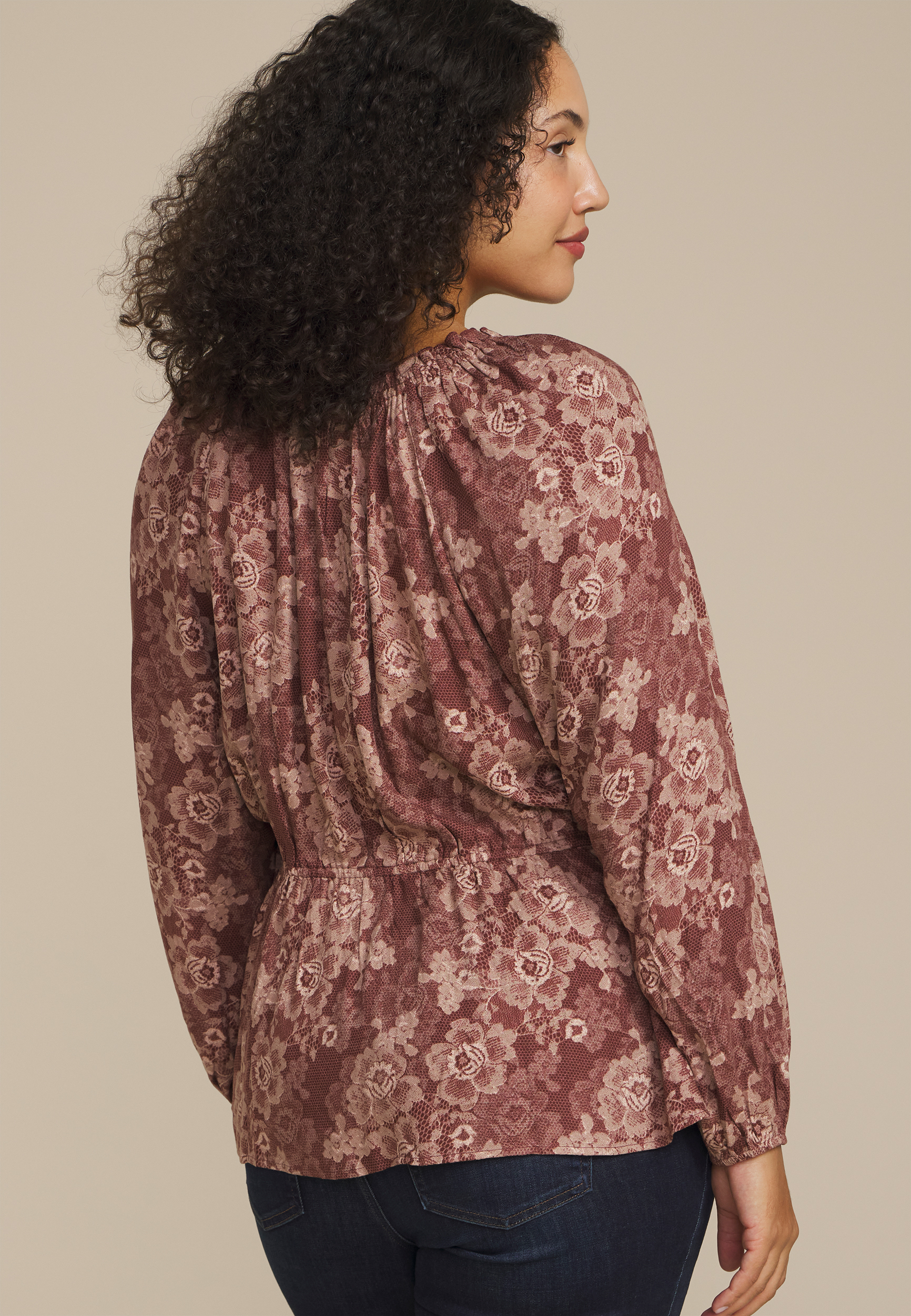 Plus Size Floral Lace Print Peplum Top, TAWNY PORT COMBO, large