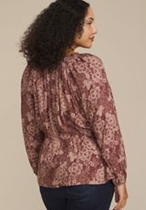 Plus Size Floral Lace Print Peplum Top, TAWNY PORT COMBO, small