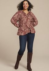 Plus Size Floral Lace Print Peplum Top, TAWNY PORT COMBO, small