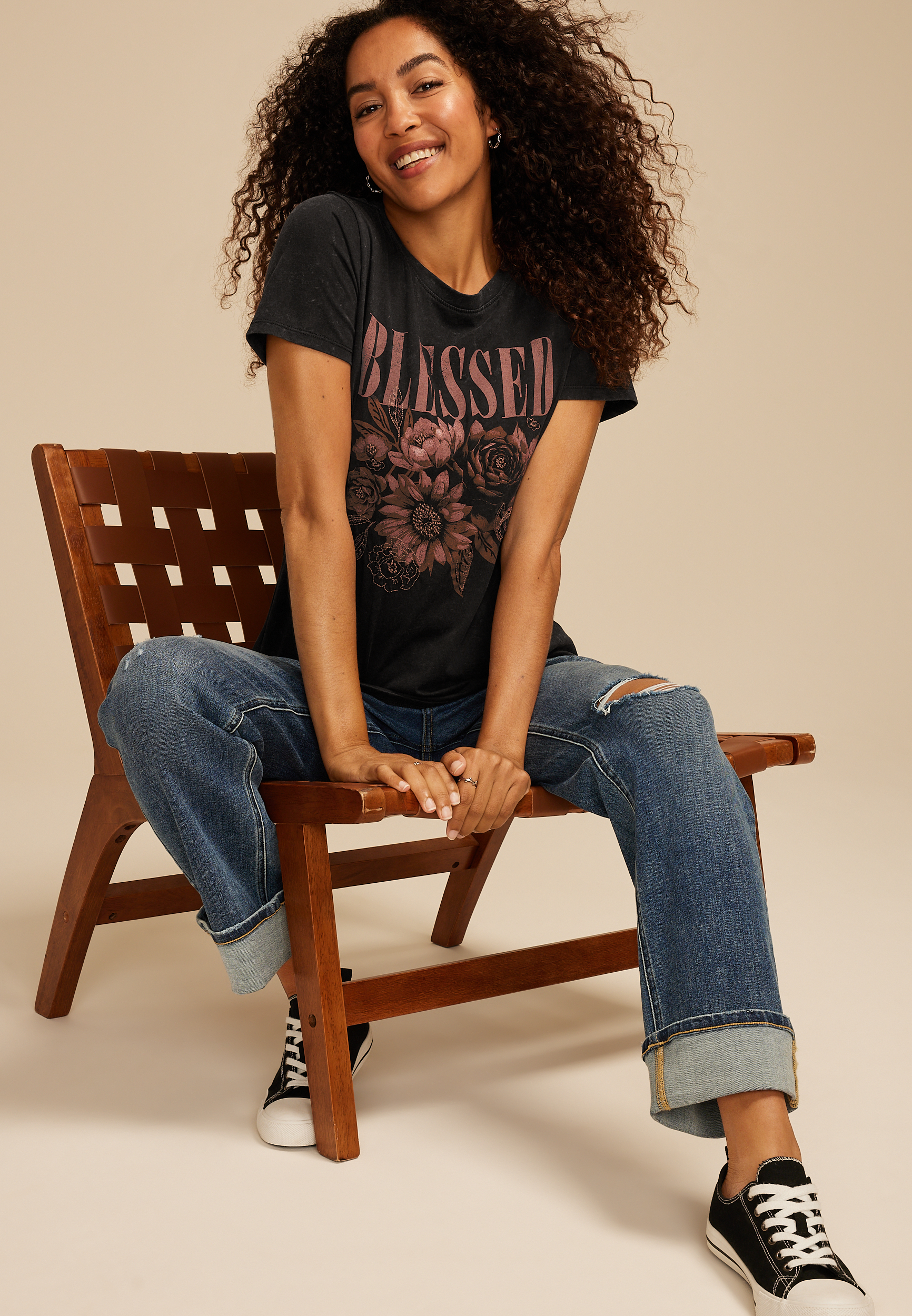 Blessed Floral Classic Fit Graphic Tee, BLACK, large