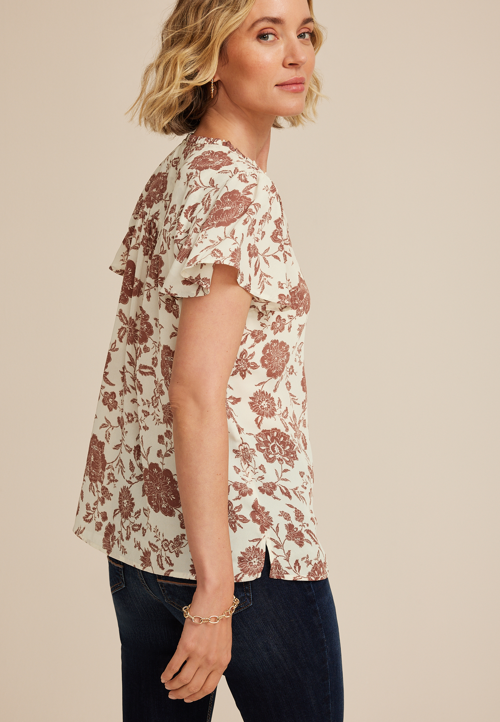 Atwood Floral Flutter Sleeve Popover Blouse, C5032, large