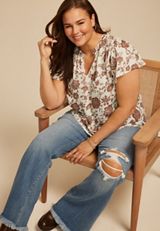 Plus Size Atwood Floral 3/4 Sleeve Popover Blouse, BURGUNDY COMBO, small