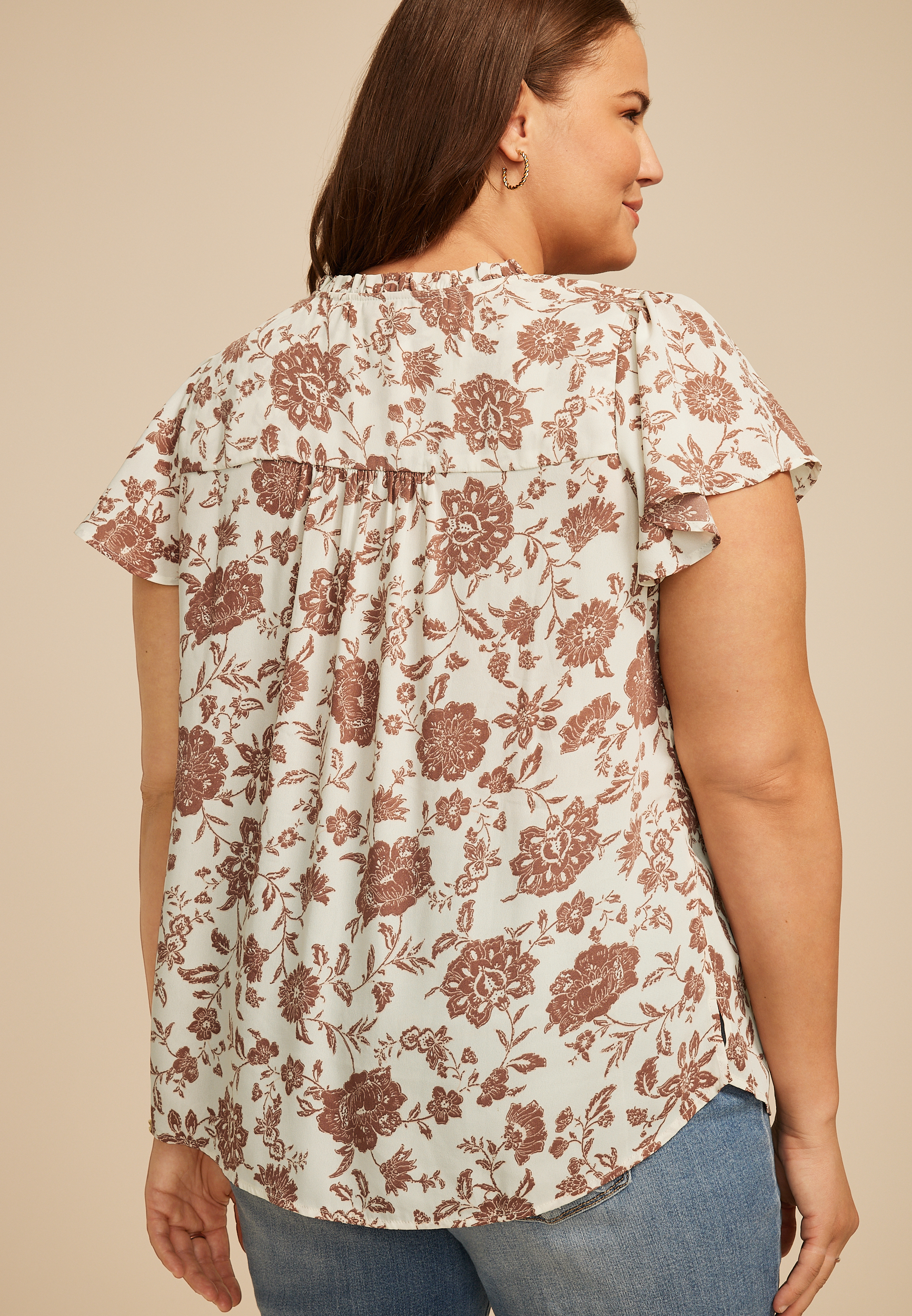 Plus Size Atwood Floral 3/4 Sleeve Popover Blouse, BURGUNDY COMBO, large