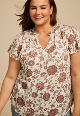Plus Size Atwood Floral 3/4 Sleeve Popover Blouse, BURGUNDY COMBO, small