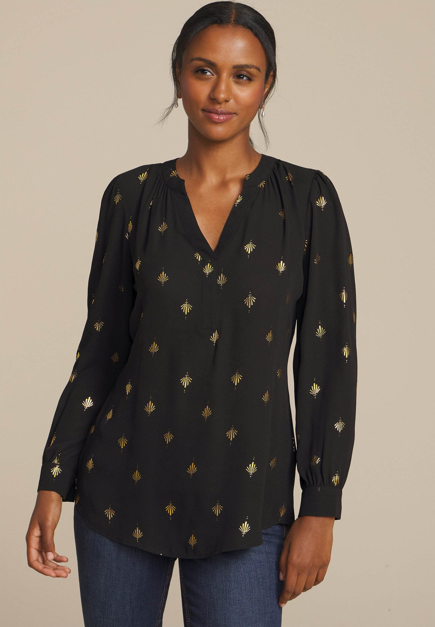 Gold Metallic Printed V Neck Cinched Back Blouse