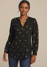 Gold Metallic Printed V Neck Cinched Back Blouse, C2404, small