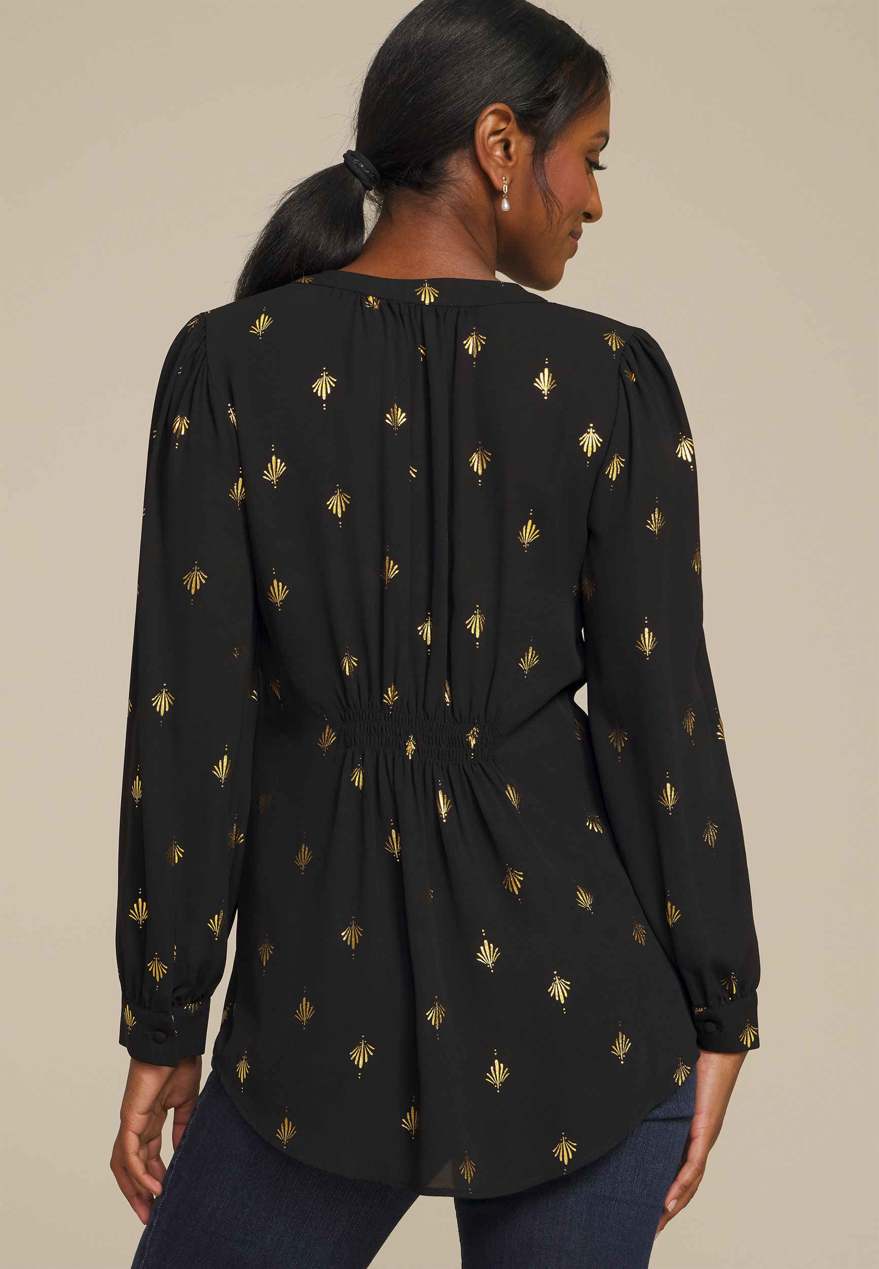 Gold Metallic Printed V Neck Cinched Back Blouse, C2404, large