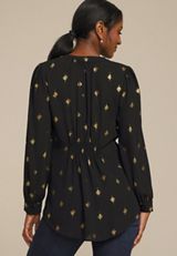 Gold Metallic Printed V Neck Cinched Back Blouse, C2404, small