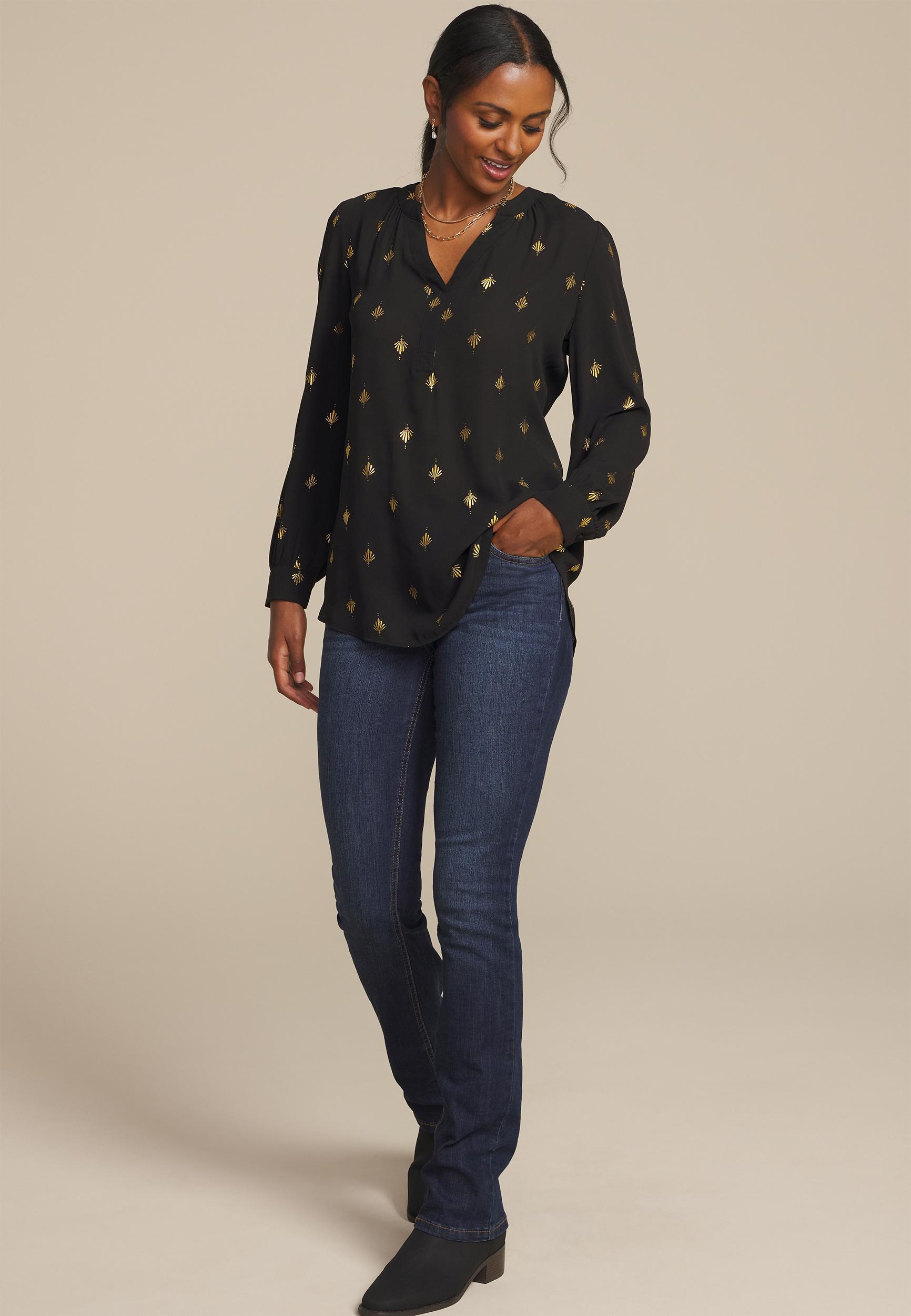 Gold Metallic Printed V Neck Cinched Back Blouse, C2404, large
