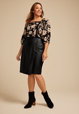 Plus Size Black Faux Leather Midi Wrap Skirt, BLACK, small