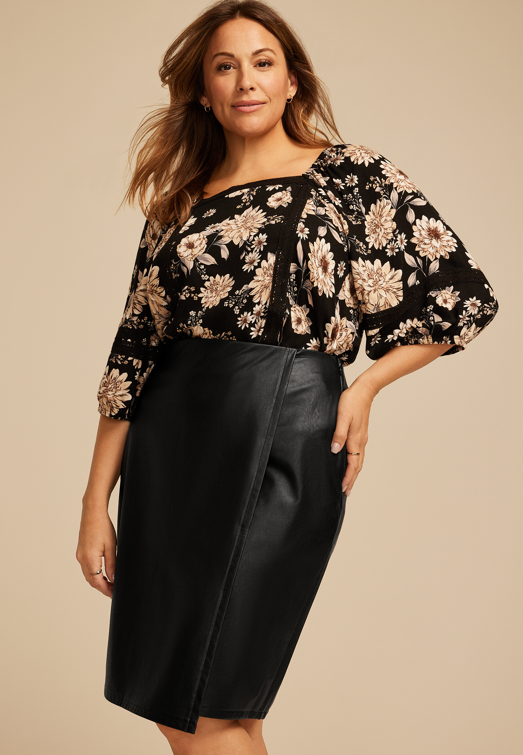 Plus Size Black Faux Leather Midi Wrap Skirt, BLACK, large