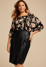 Plus Size Black Faux Leather Midi Wrap Skirt, BLACK, small