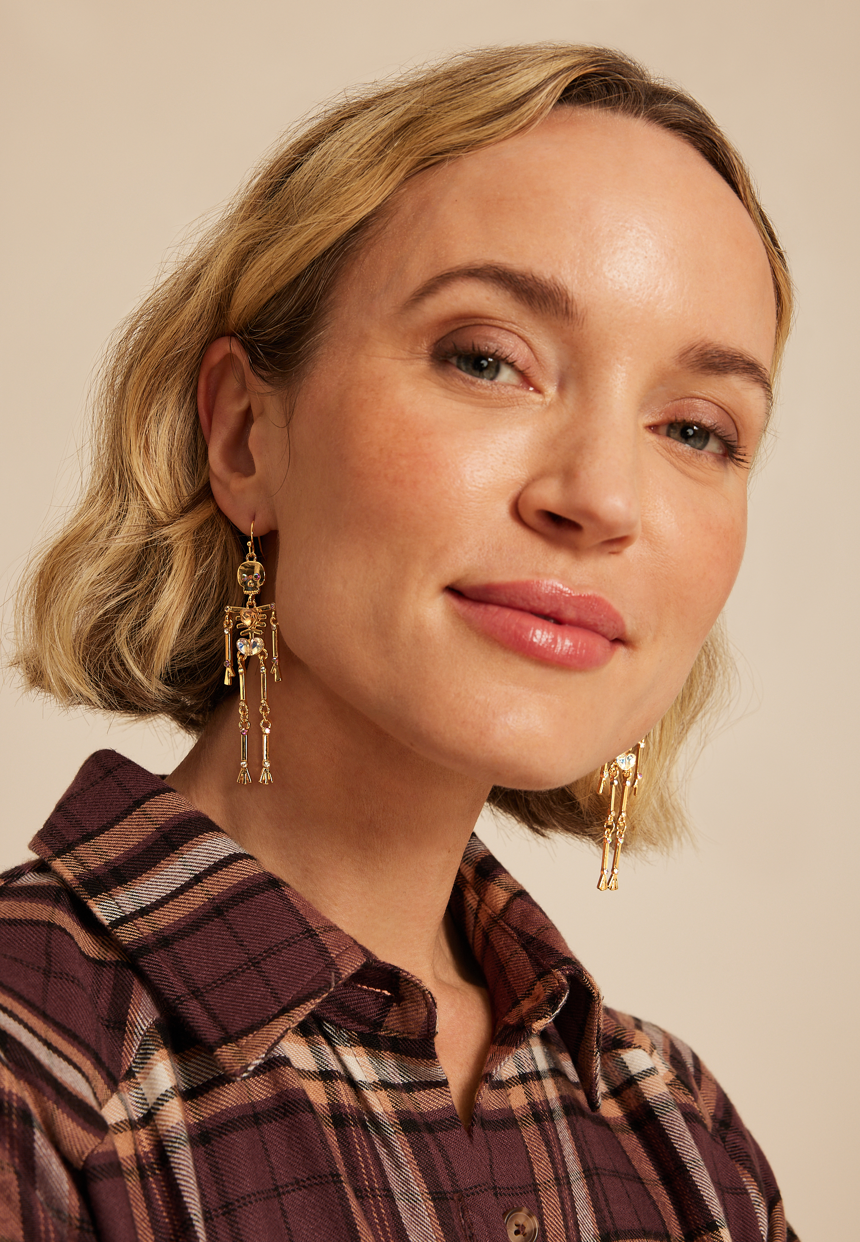 Gold Skeleton Drop Earrings, C605, large