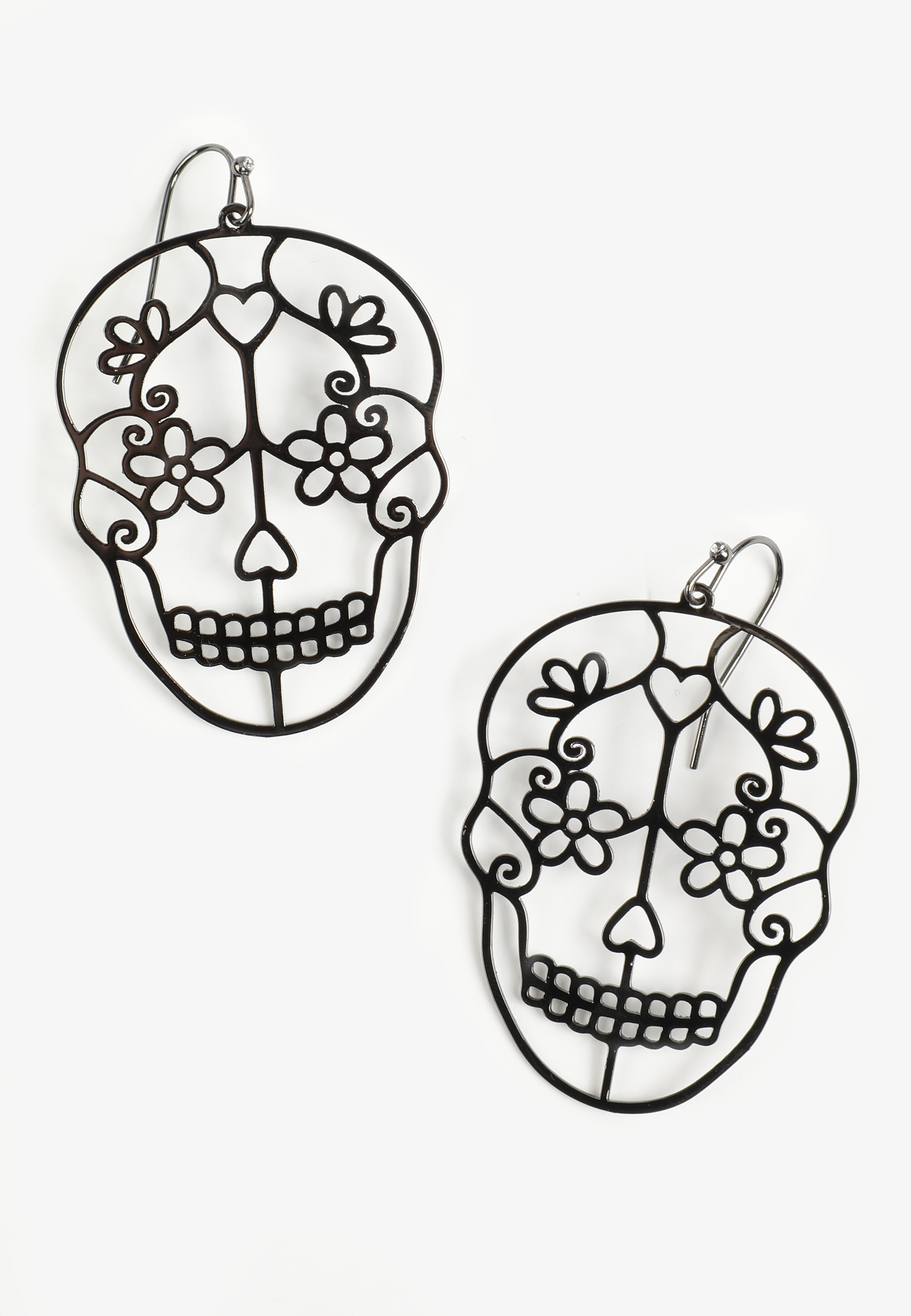 Black Floral Skull Drop Earrings