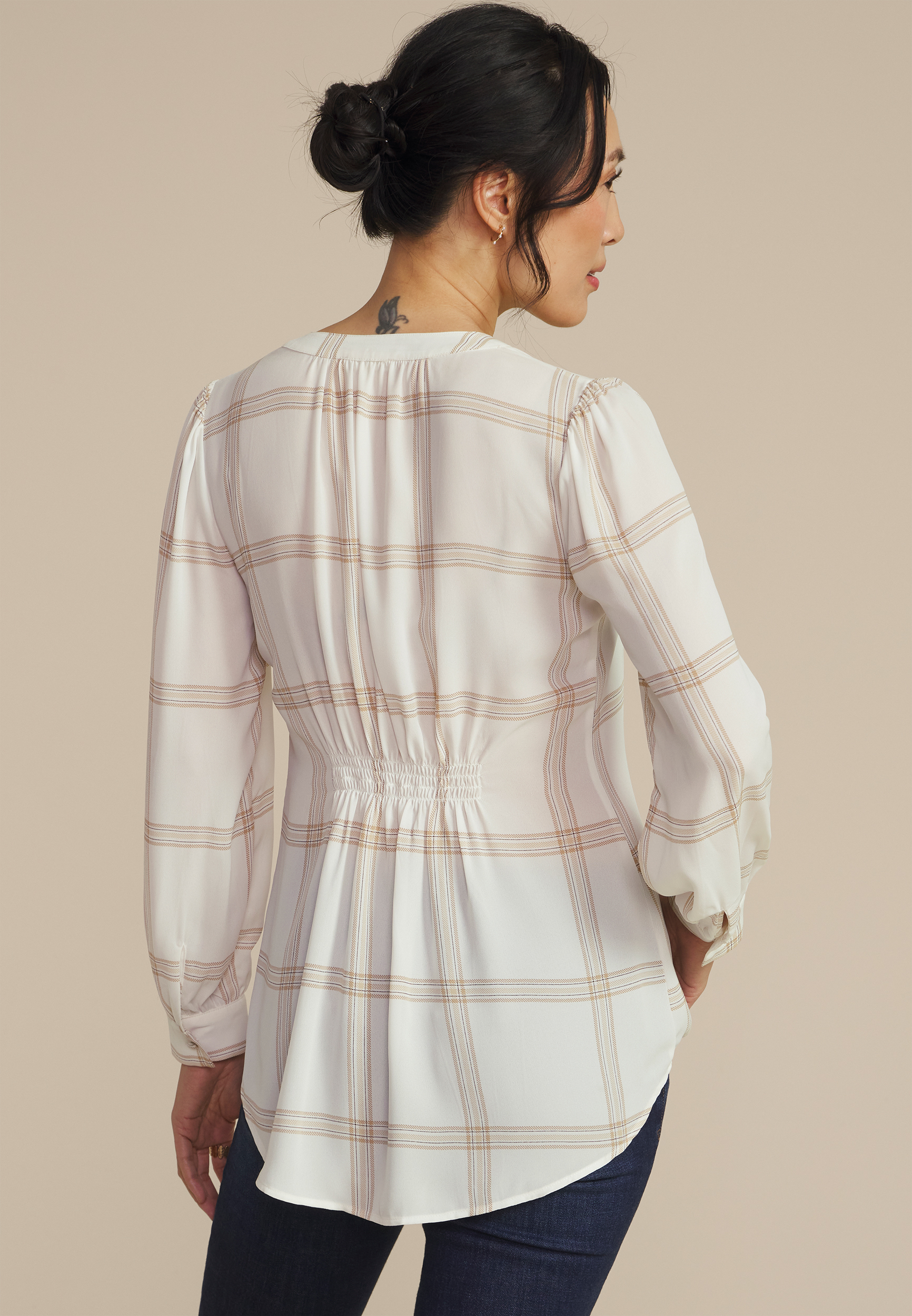 Plaid V Neck Cinched Back Blouse, C1939, large
