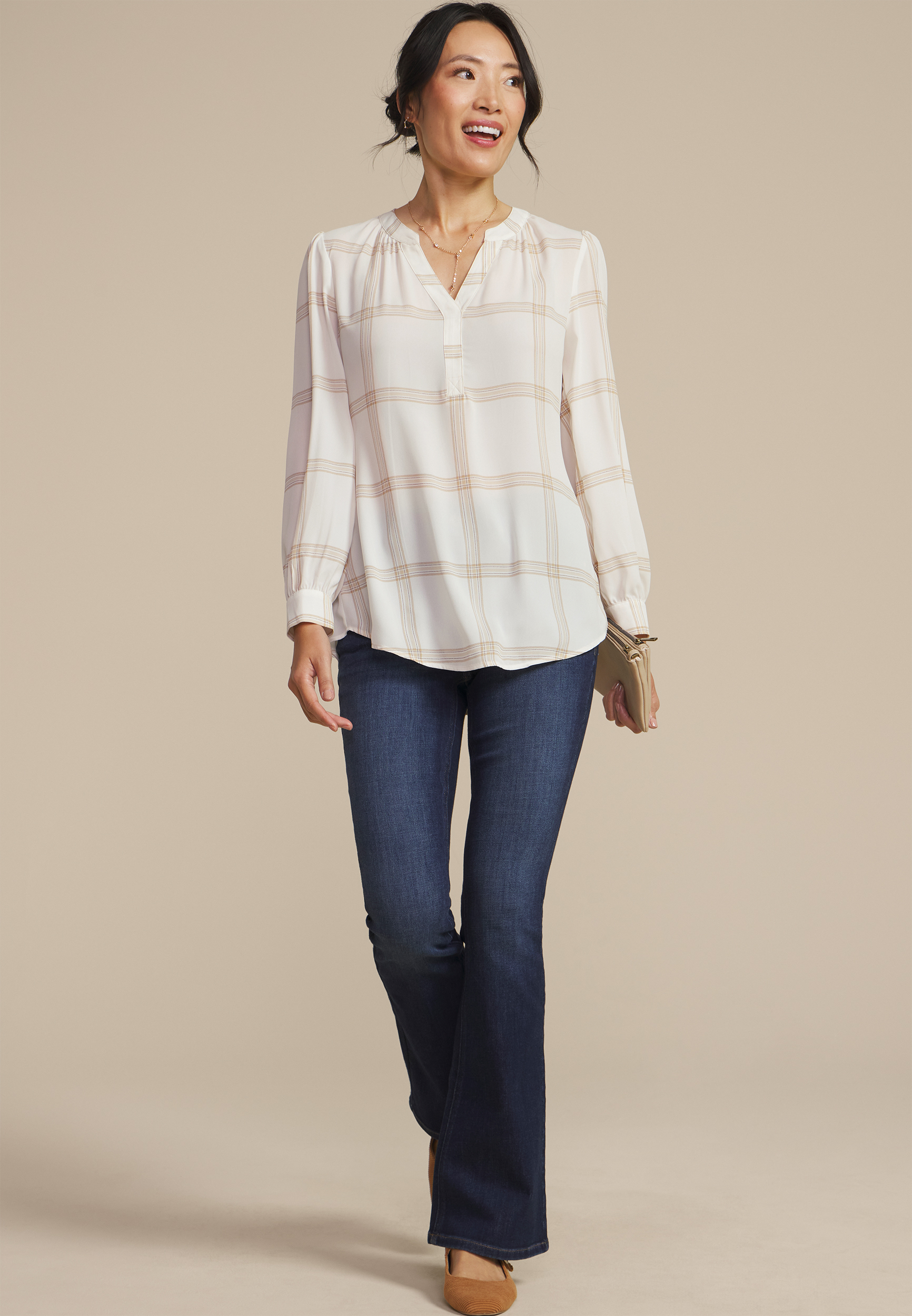 Plaid V Neck Cinched Back Blouse, C1939, large